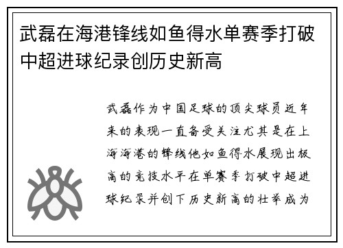 武磊在海港锋线如鱼得水单赛季打破中超进球纪录创历史新高